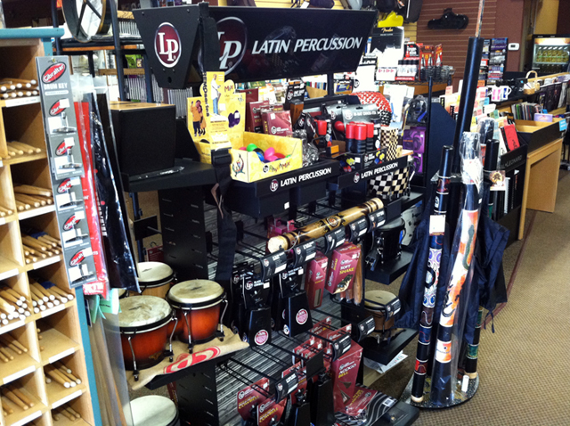 Percussion instruments, congas, bongos, timbales, chimes, blocks, triangles, cowbells, shakers, cymbals, claves, maracas, tamborines, whistles, ethnic drums, and sound effects at The Symphony Music Shop, North Dartmouth, MA