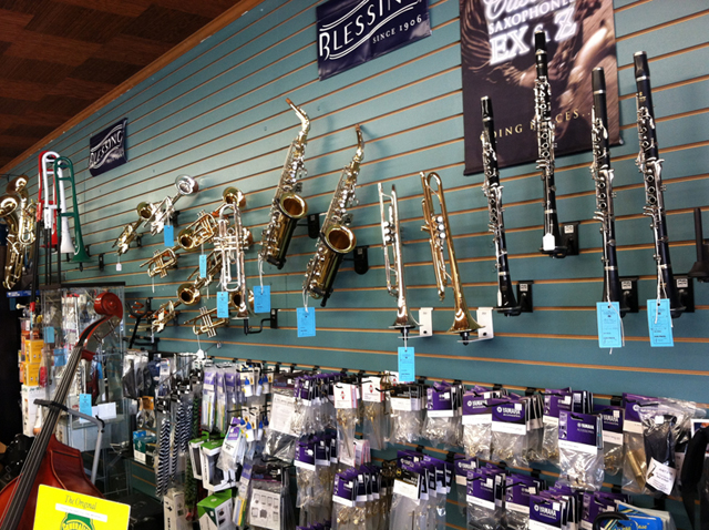 The Symphony Music Shop, North Dartmouth, MA, offers a full selection of brass instruments - clarinets, flutes, trumpets, trombones, saxophones