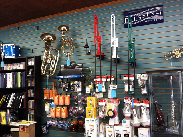 The Symphony Music Shop, North Dartmouth, MA, offers a full selection of brass instruments - clarinets, flutes, trumpets, trombones, saxophones